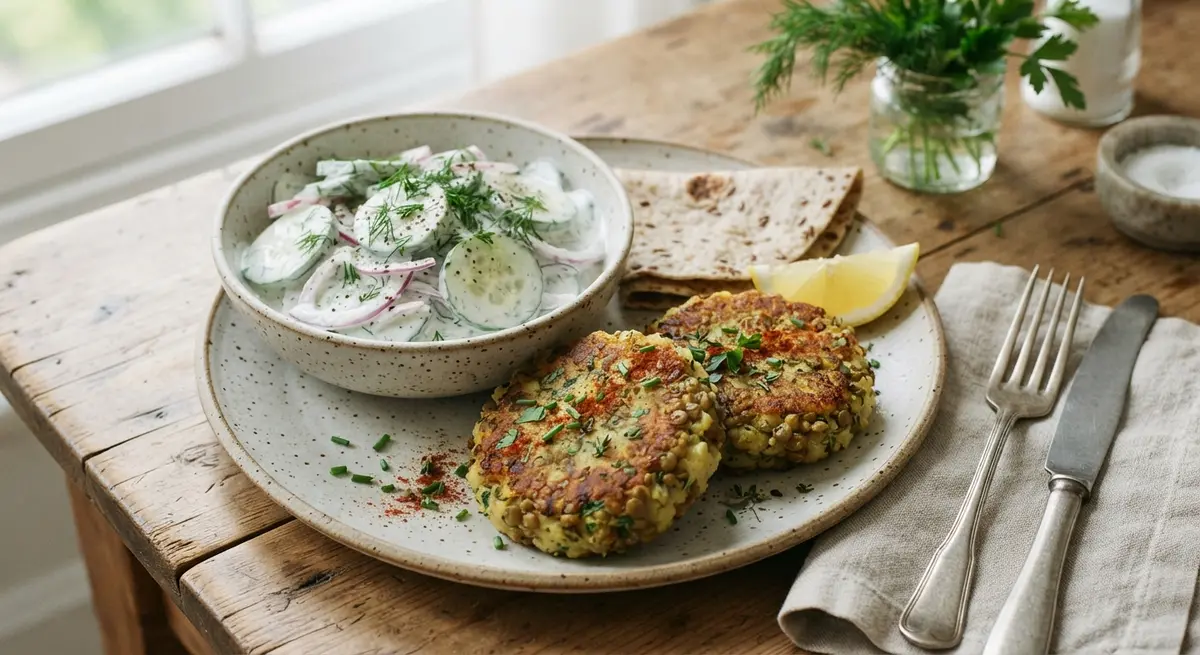 Mighty Lentil-Potato Patties with Creamy Cucumber Salad